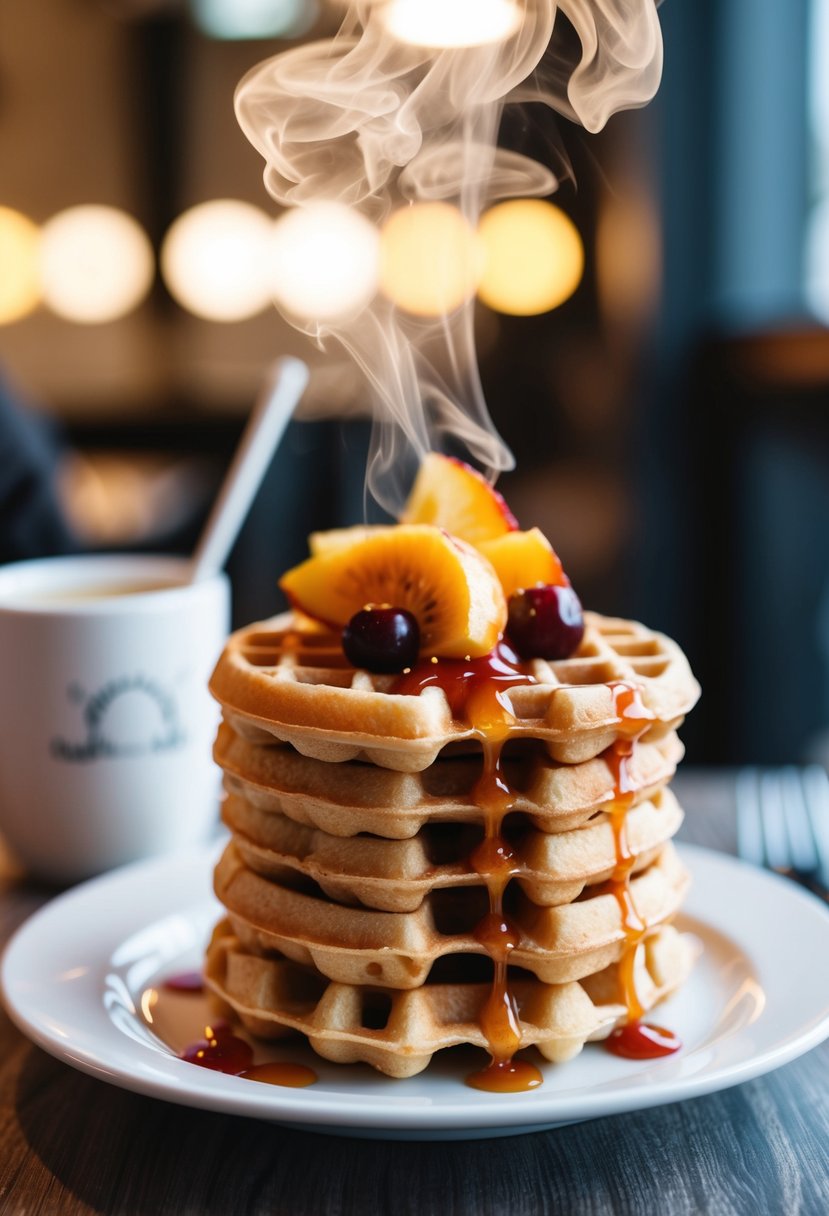 A steaming stack of bubble waffles topped with fresh fruits and drizzled with sweet sauces