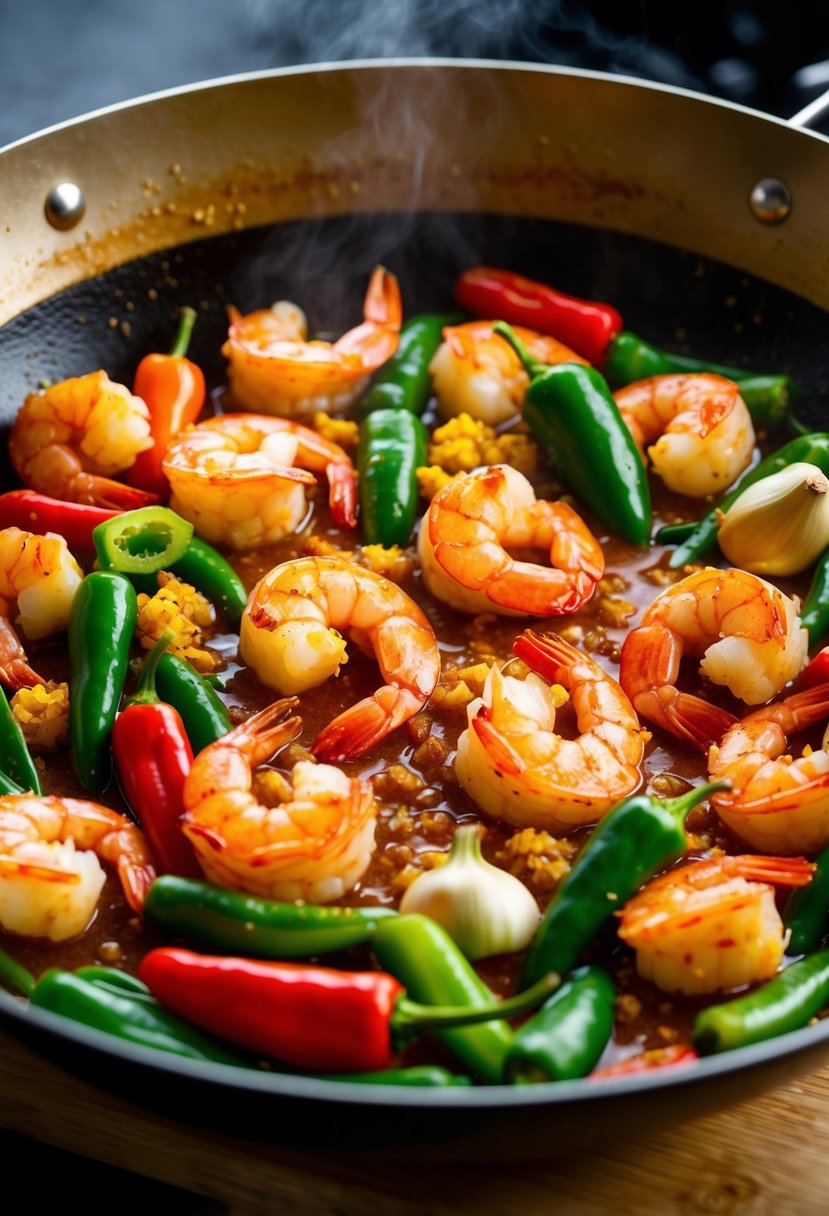 A sizzling wok filled with spicy Szechwan shrimp, surrounded by vibrant red and green peppers, sizzling in a fragrant garlic and ginger sauce