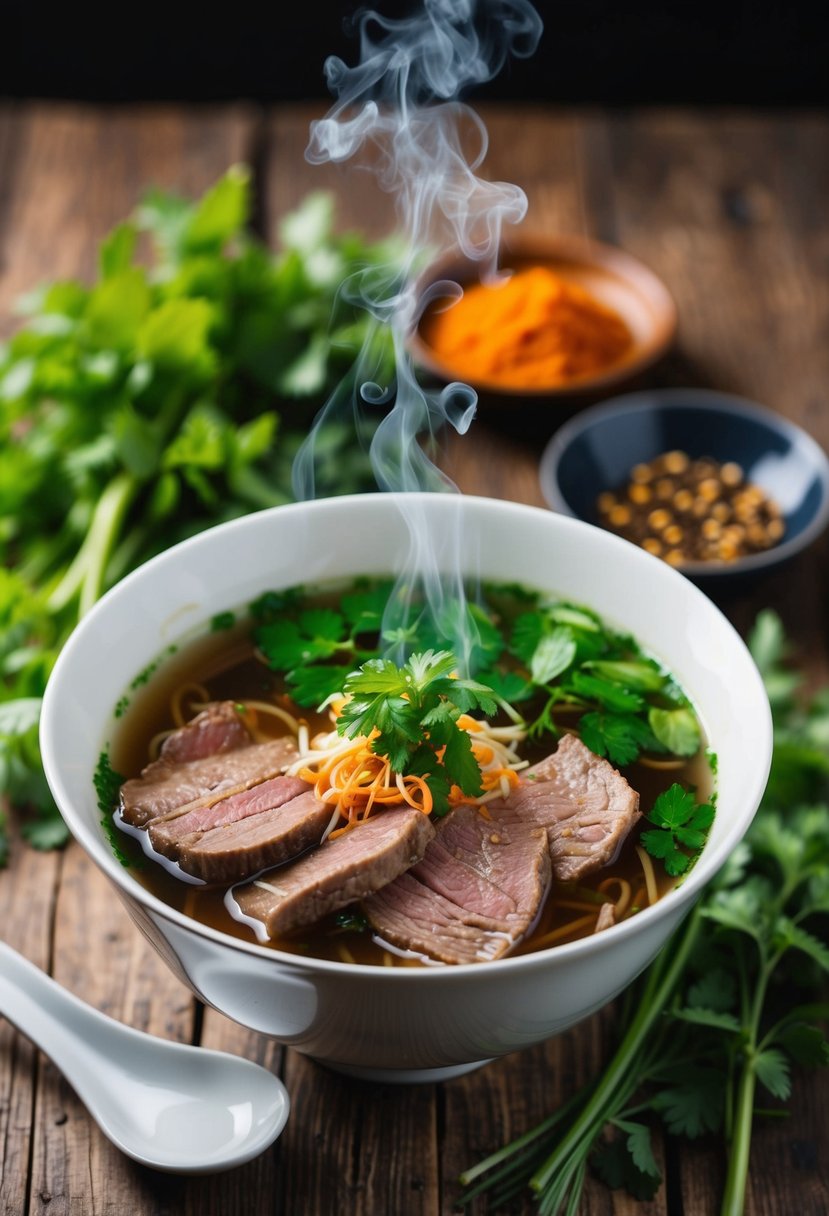 A steaming bowl of pho with tender slices of beef, surrounded by fresh herbs and spices, sits on a rustic wooden table