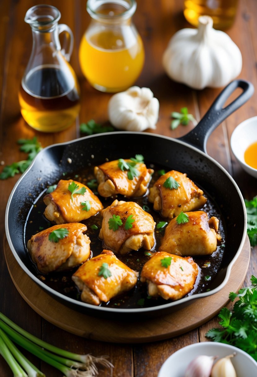 A sizzling skillet with Filipino Adobo Chicken, surrounded by garlic, soy sauce, and vinegar