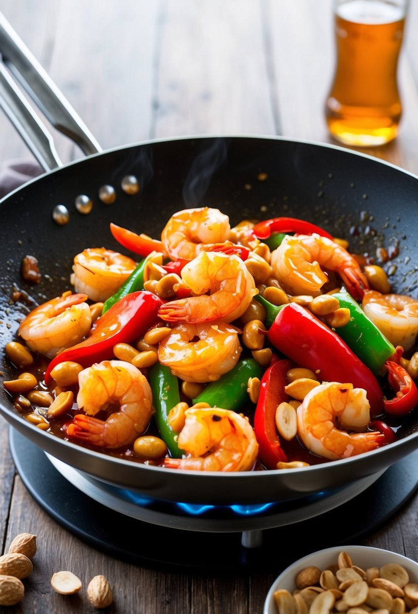 A sizzling wok filled with plump shrimp, vibrant red peppers, and crunchy peanuts, drenched in a glossy, spicy Kung Pao sauce