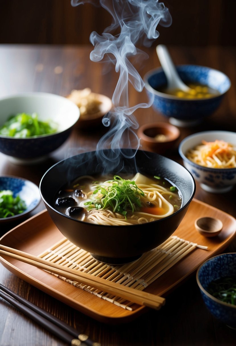 A steaming bowl of Japanese ramen surrounded by chopsticks and traditional Asian ingredients