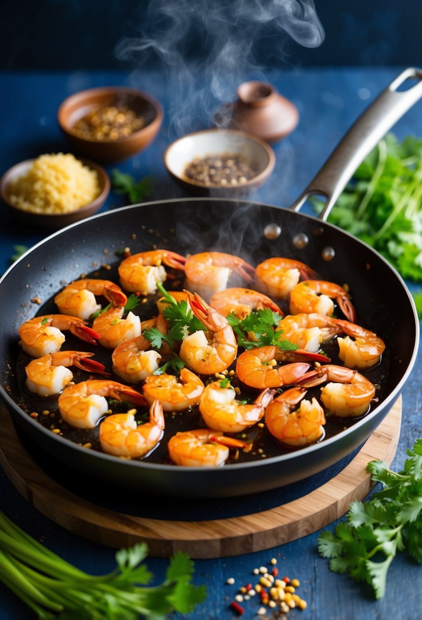 A sizzling skillet of chili garlic prawns, surrounded by vibrant Asian spices and herbs, steaming and ready to be served