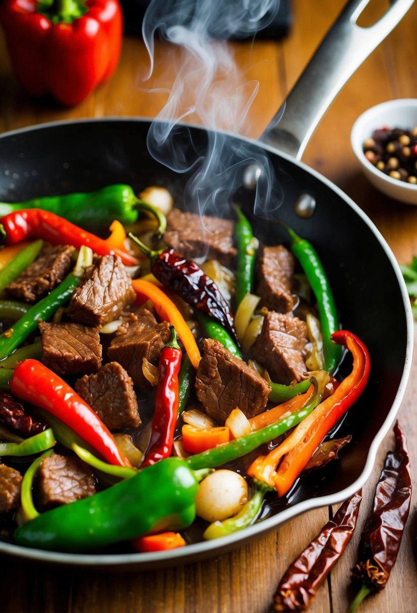 A sizzling skillet of Hunan beef stir-fry surrounded by vibrant red and green peppers, onions, and dried chili peppers. Steam rises from the dish, creating an inviting aroma