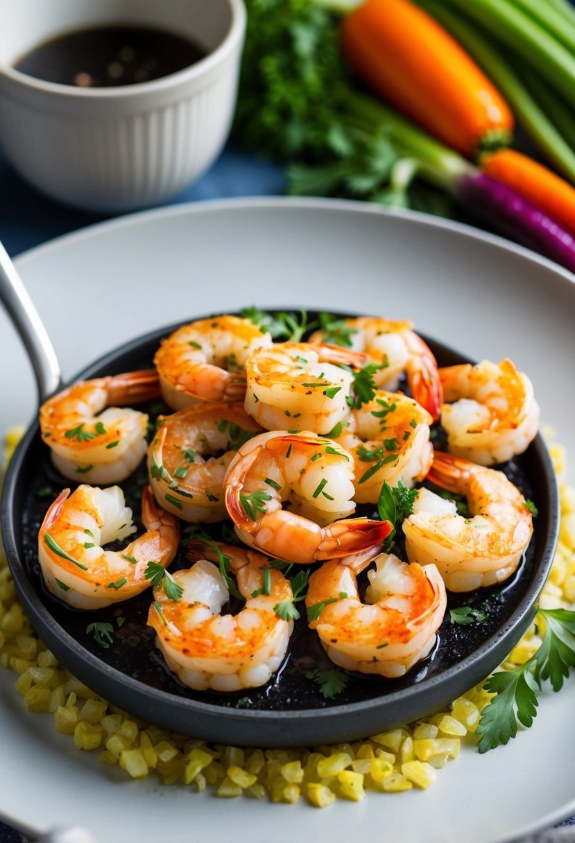 A plate of sizzling salt and pepper shrimp, garnished with fresh herbs and surrounded by colorful vegetables