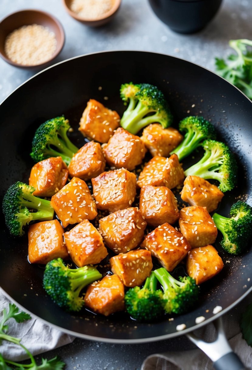 A sizzling wok filled with golden brown chunks of sesame chicken, surrounded by vibrant green broccoli florets and garnished with toasted sesame seeds