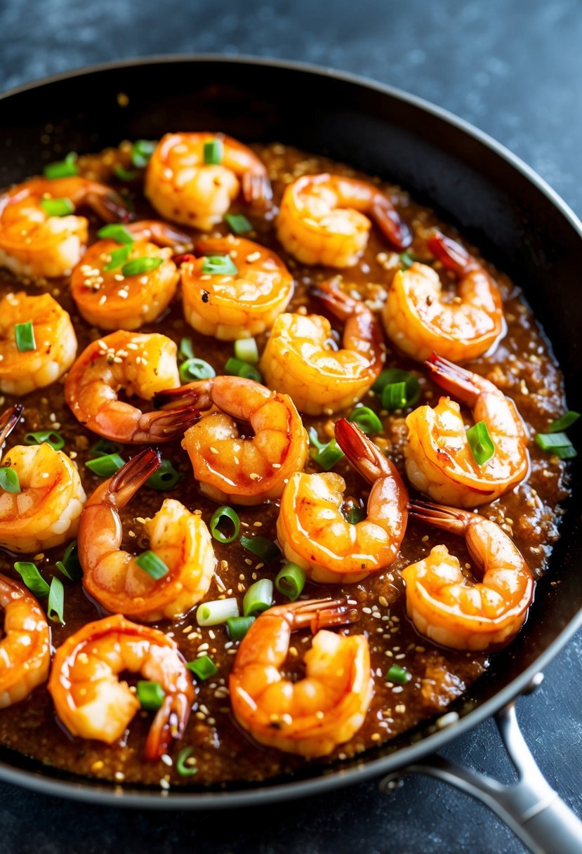 A sizzling skillet of golden-brown shrimp coated in a tangy, spicy sauce, garnished with chopped green onions and sesame seeds