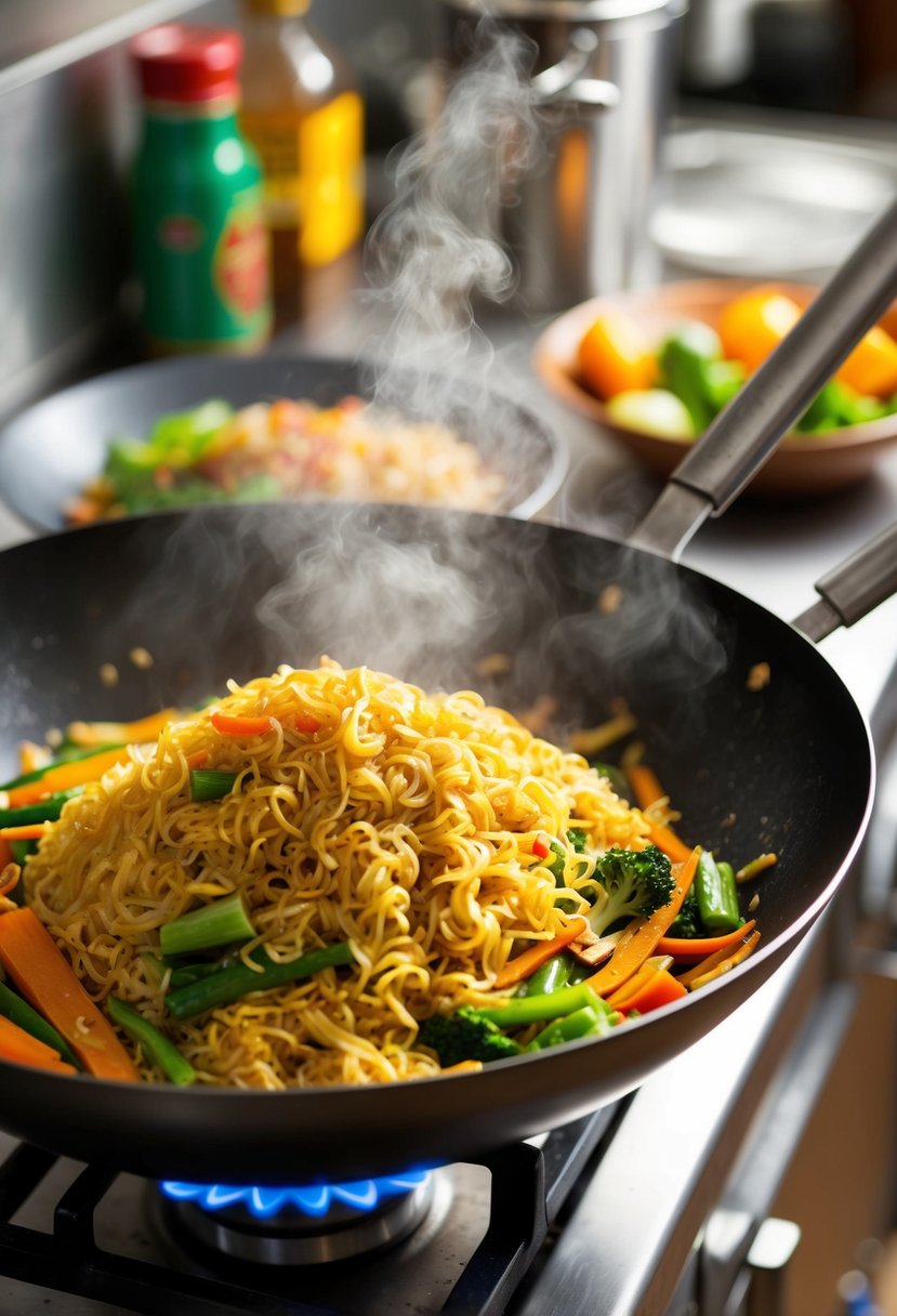 A steaming wok sizzles with stir-fried rice noodles, colorful vegetables, and aromatic spices in a bustling Asian kitchen