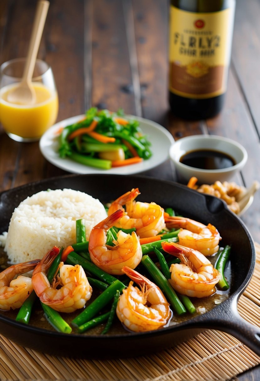 A sizzling skillet of honey garlic shrimp with steamed rice and stir-fried vegetables on a bamboo placemat