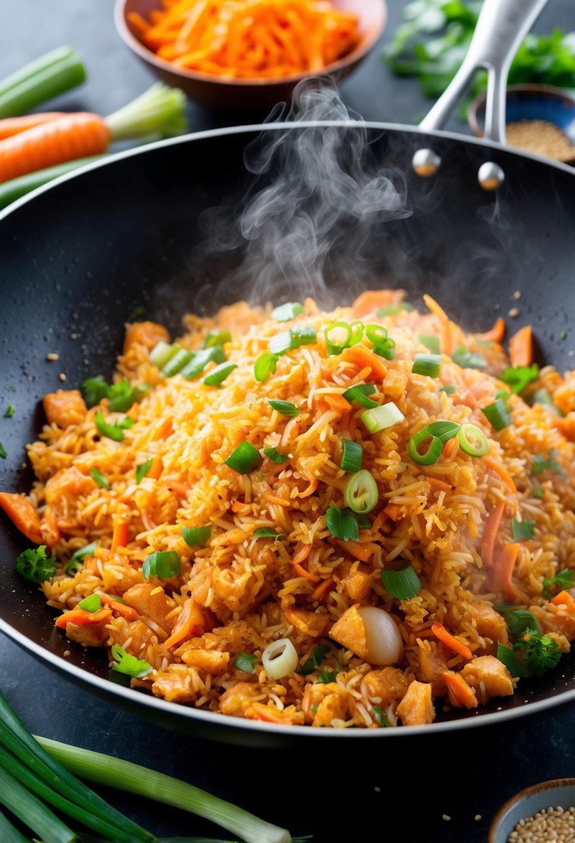 A sizzling wok filled with steaming kimchi fried rice, surrounded by colorful ingredients like carrots, green onions, and sesame seeds