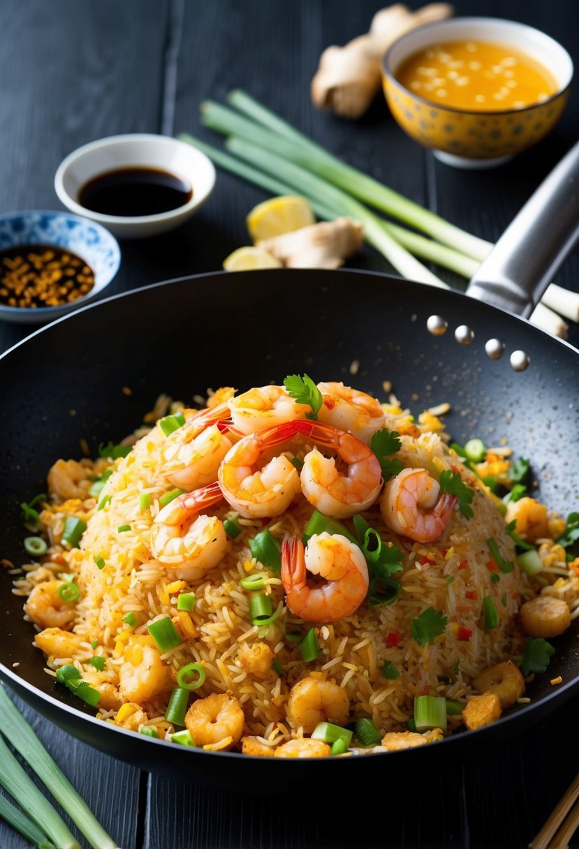 A sizzling wok filled with shrimp fried rice, surrounded by colorful Asian ingredients like soy sauce, ginger, and green onions