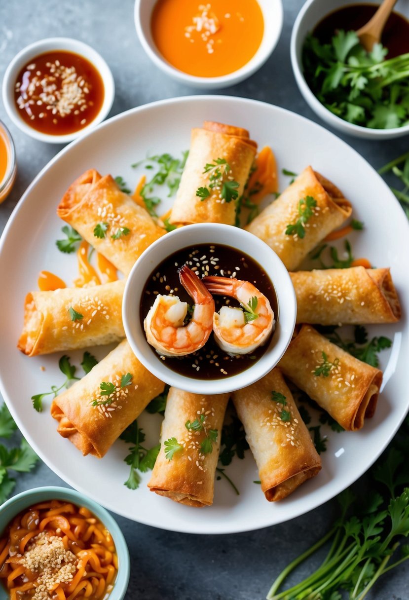 A plate of golden-brown shrimp egg rolls surrounded by colorful dipping sauces and garnished with fresh herbs and sesame seeds