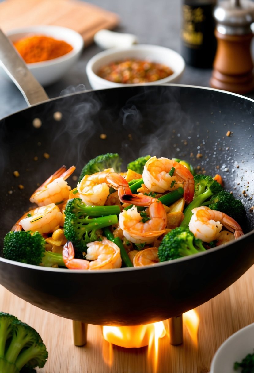 A sizzling wok filled with plump shrimp, vibrant green broccoli, and aromatic Asian spices