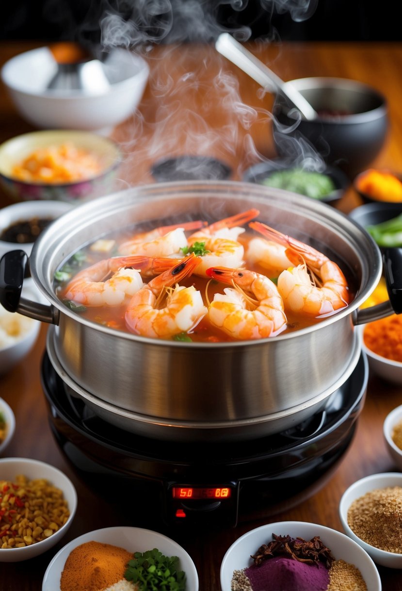 A steaming hot pot filled with spicy shrimp, surrounded by colorful Asian spices and ingredients