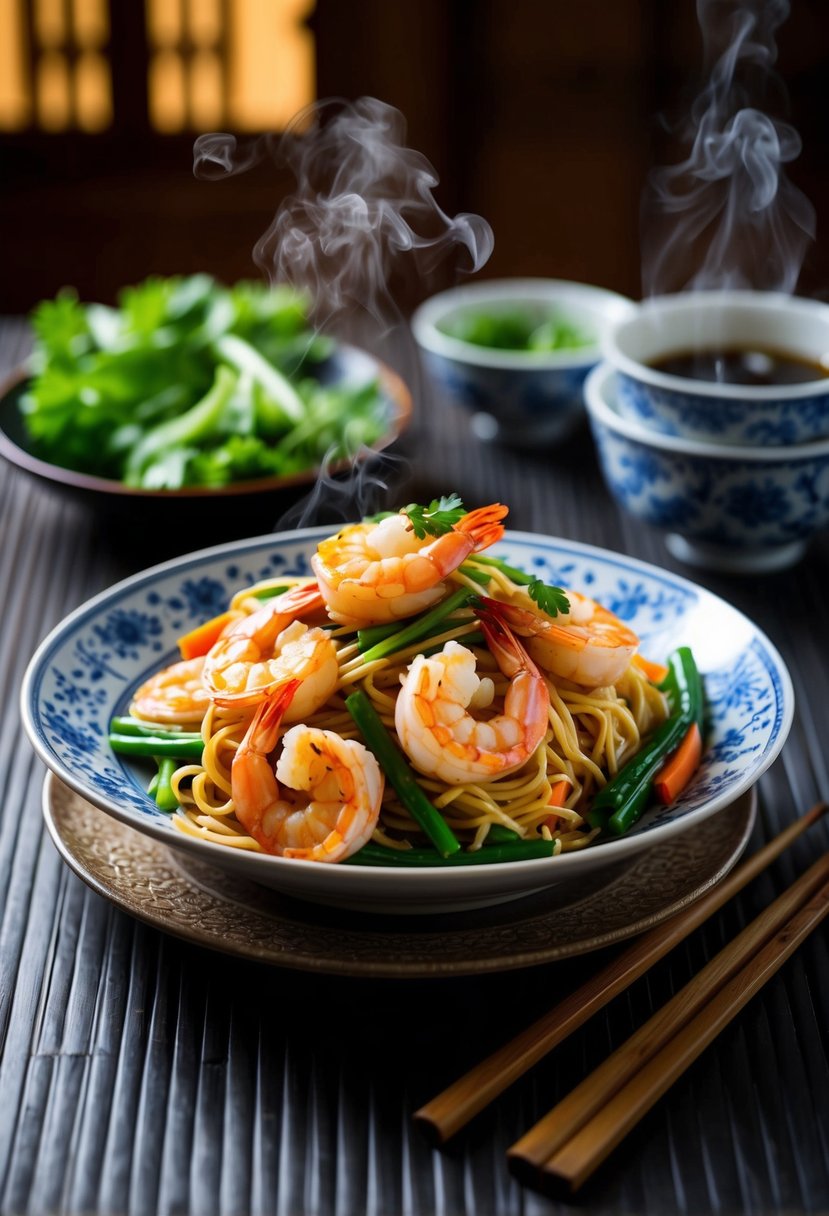 A steaming plate of Shrimp Lo Mein, garnished with fresh vegetables, sits on a traditional Asian-inspired table setting