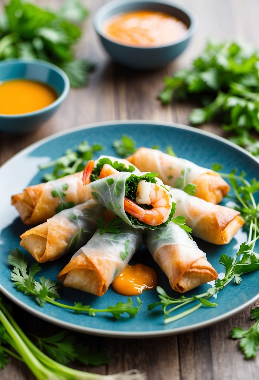 A plate of prawn spring rolls surrounded by fresh herbs and dipping sauce