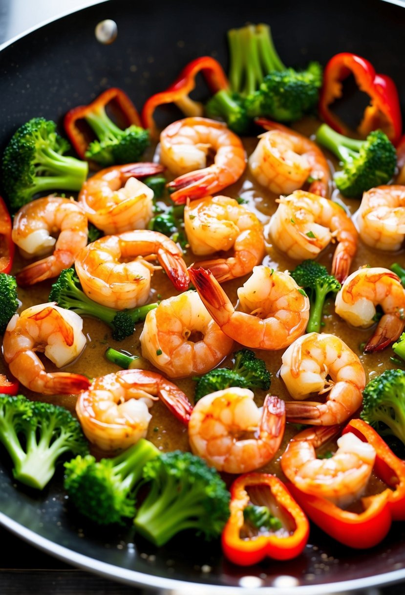 A sizzling wok with plump shrimp in a fragrant garlic sauce, surrounded by vibrant green broccoli and sliced red peppers