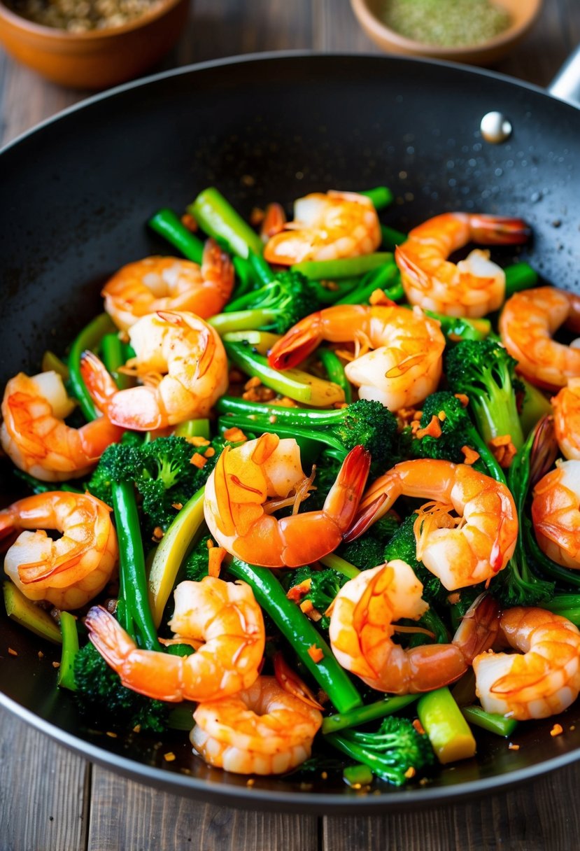 A sizzling wok filled with plump, bright orange shrimp, stir-fried with vibrant green vegetables and aromatic spices