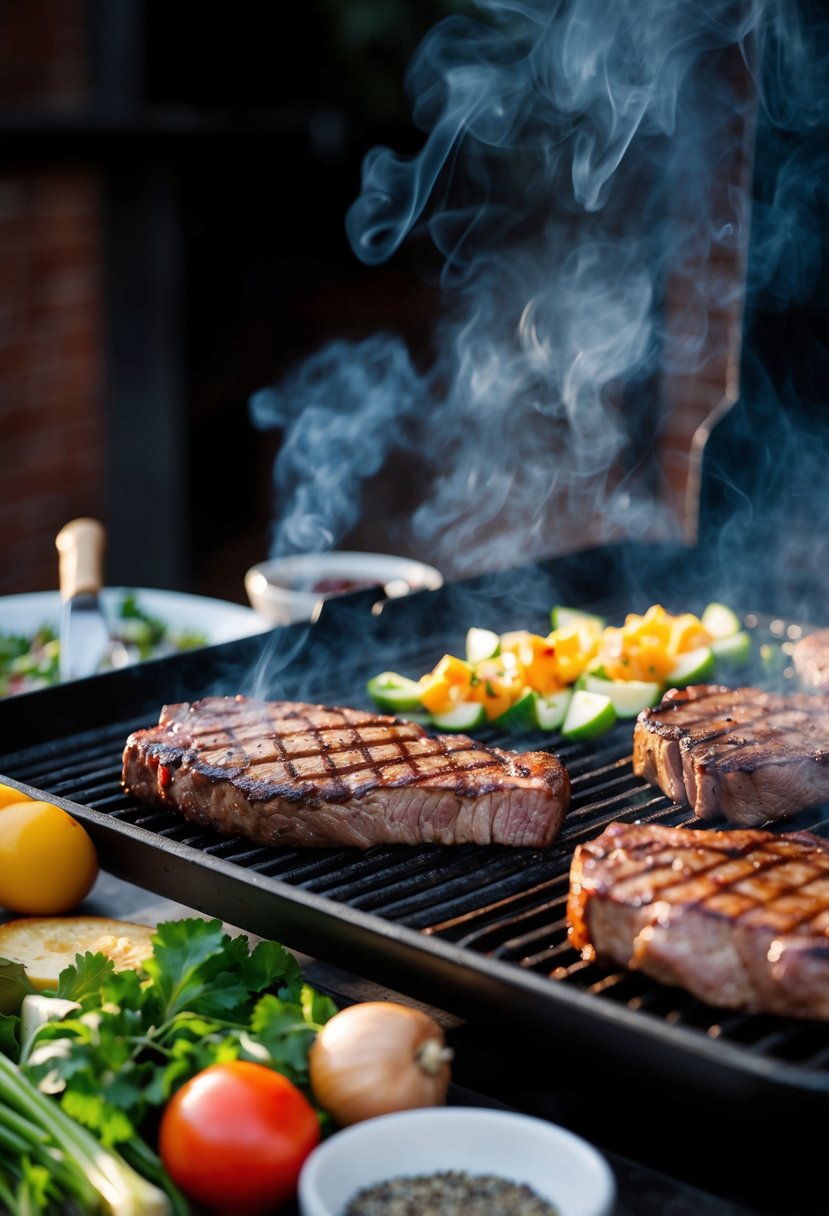 A sizzling grill cooks marinated steak beside a spread of fresh produce and seasonings. Smoke rises as the meat caramelizes, creating a mouthwatering aroma