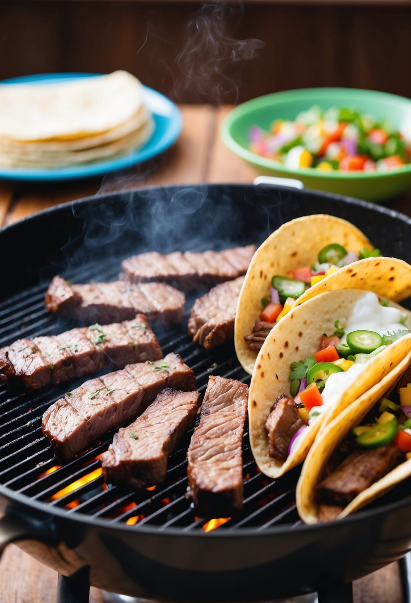 A sizzling grill with marinated steak strips, surrounded by colorful toppings and warm tortillas, ready to be assembled into delicious carne asada tacos