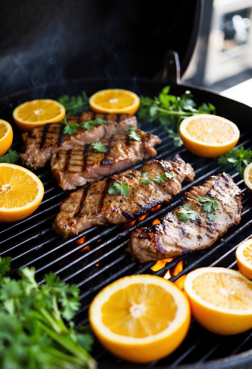 Sizzling carne asada on a hot grill, surrounded by vibrant citrus slices and fresh herbs