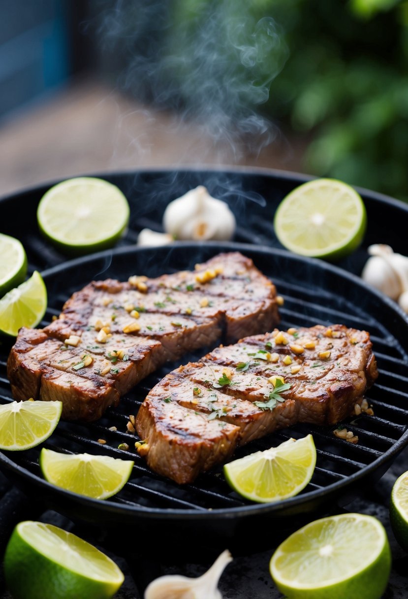 A sizzling grill with marinated carne asada steaks, surrounded by halved limes and minced garlic