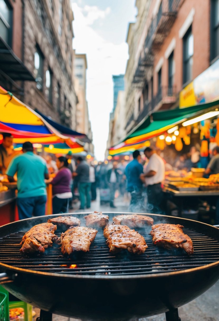 A sizzling carne asada sizzling on a hot grill surrounded by colorful street vendors and bustling city streets