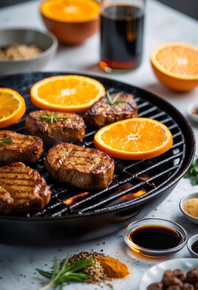 A sizzling grill with marinated meat and sliced oranges, surrounded by soy sauce and spices