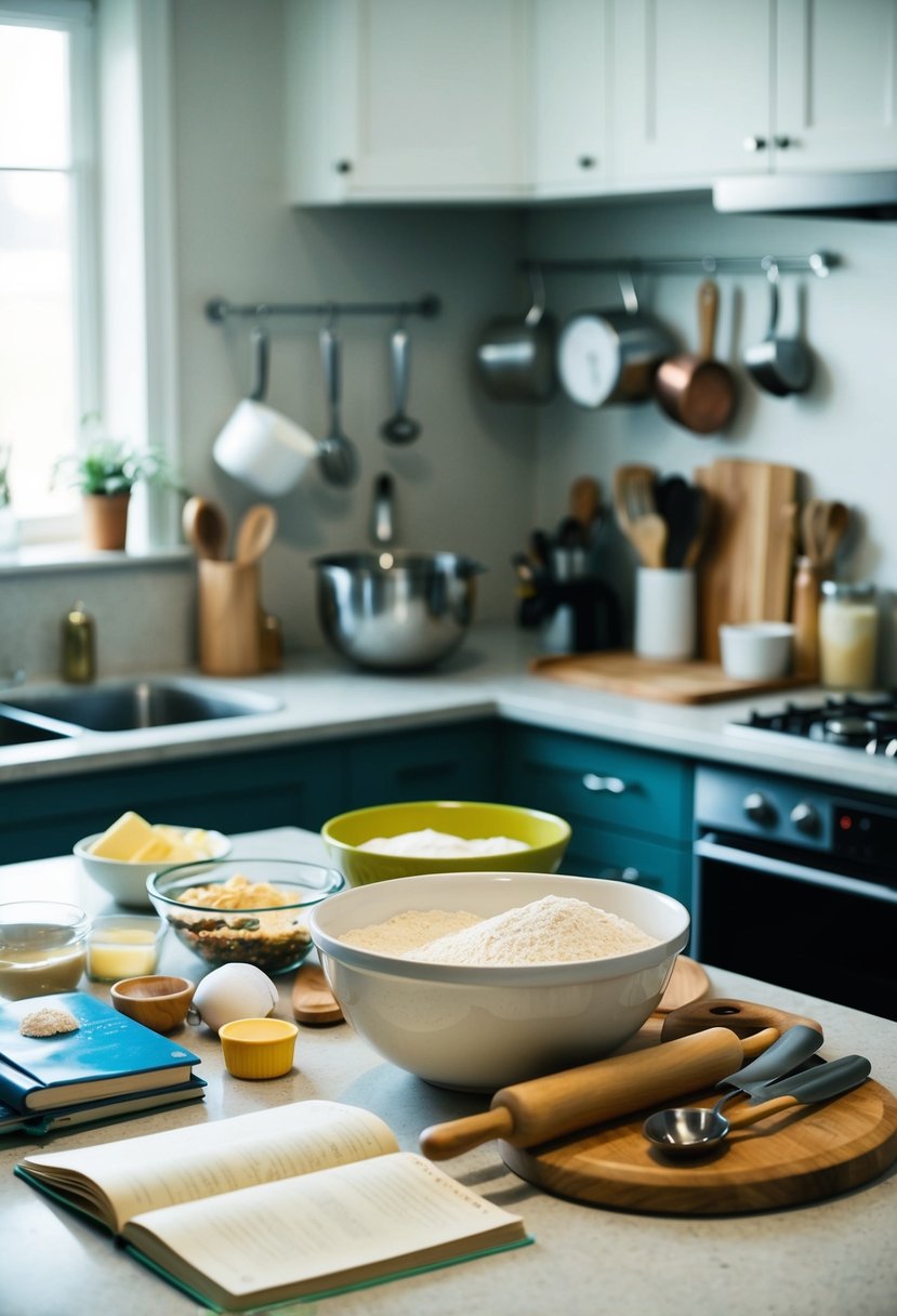 A kitchen counter with various baking ingredients, utensils, and recipe books scattered around. A mixing bowl and a rolling pin are prominently displayed