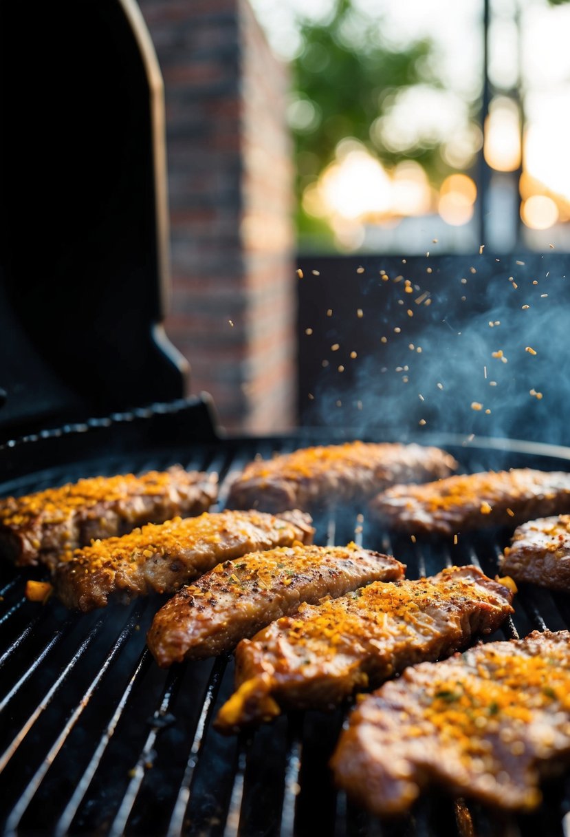 Sizzling carne asada on a grill with a sprinkle of seasoning and char marks