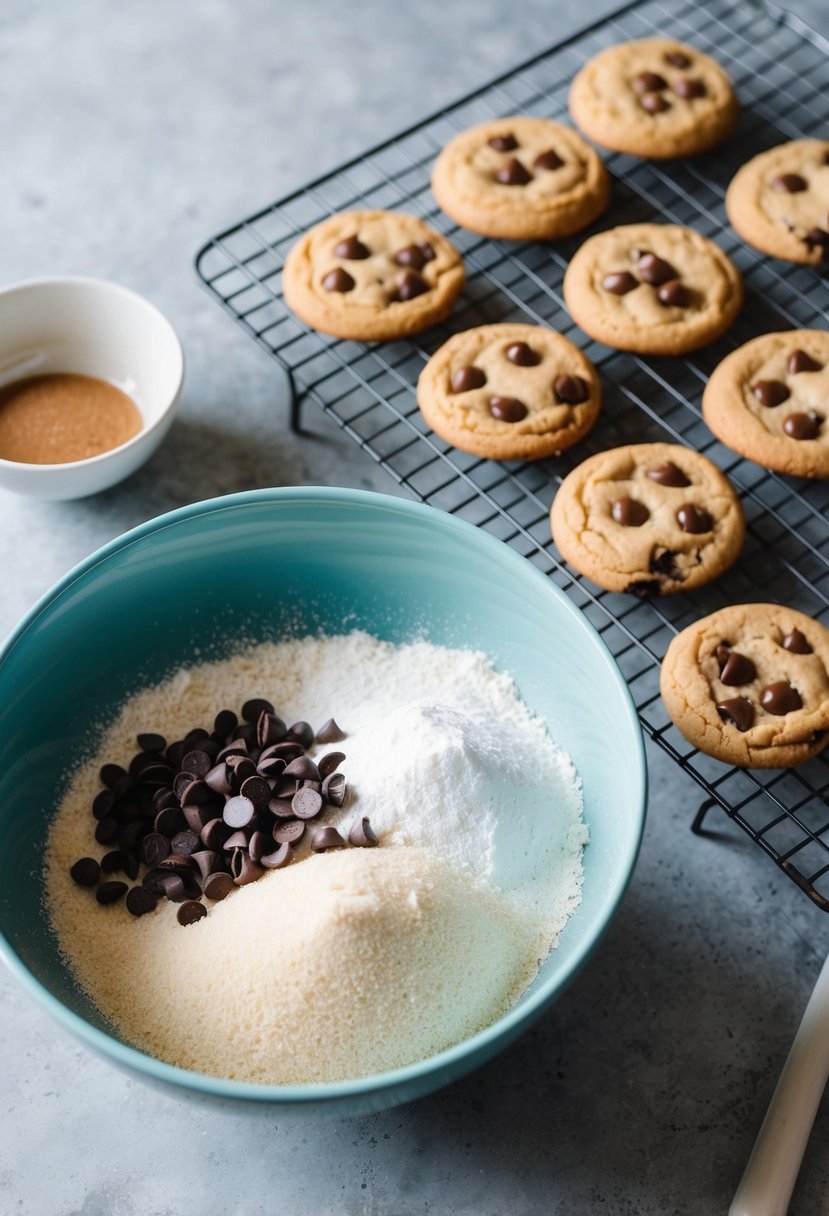 A mixing bowl filled with flour, sugar, and chocolate chips sits next to a tray of freshly baked cookies cooling on a wire rack