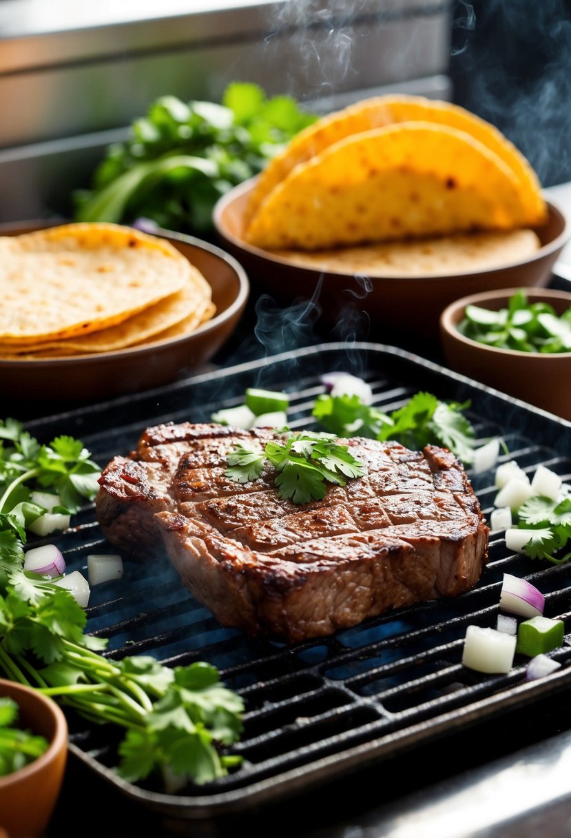 A sizzling grill with marinated steak, surrounded by fresh cilantro, diced onions, and warm tortillas ready to be filled