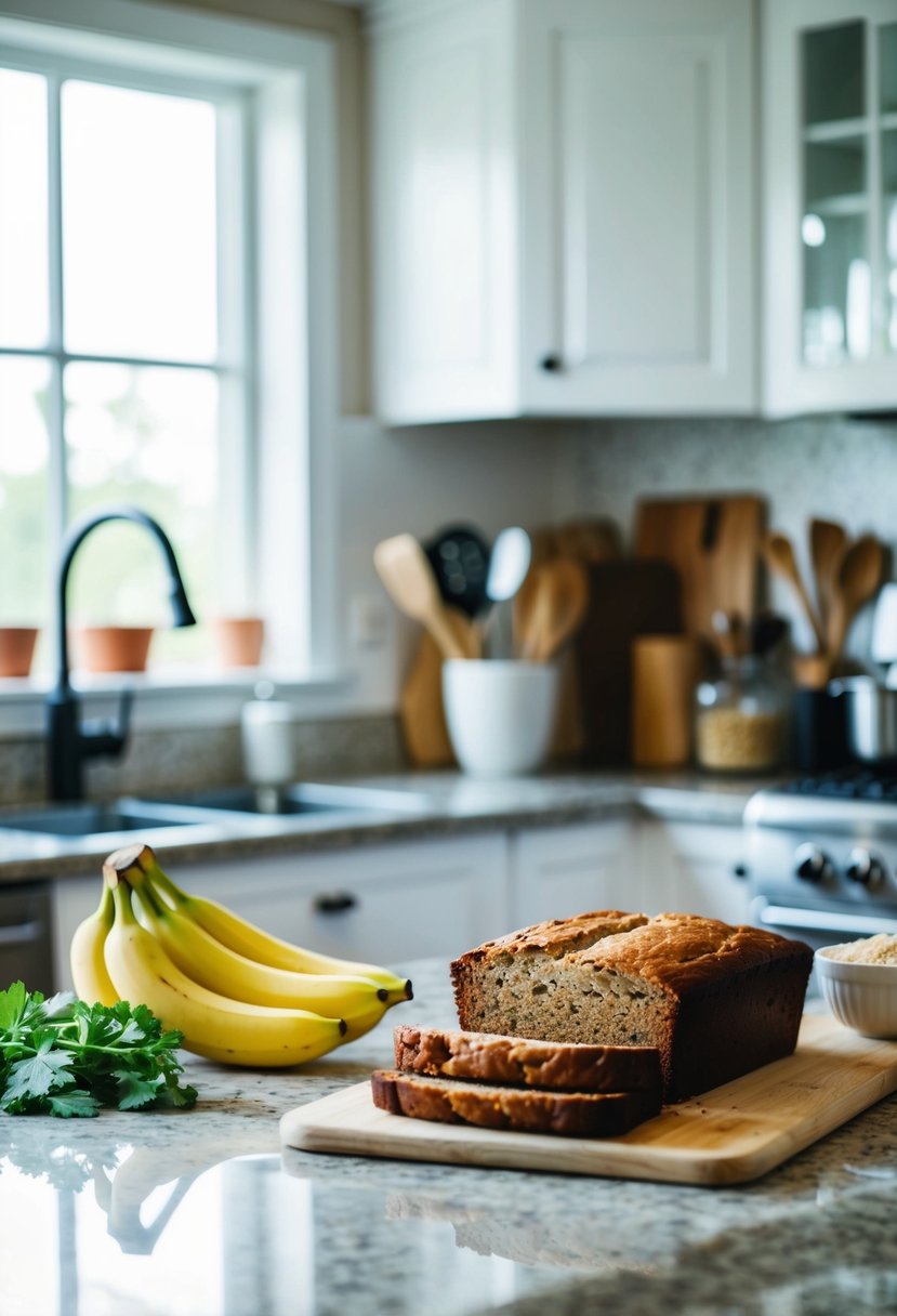 A kitchen counter with ingredients and utensils for baking banana bread