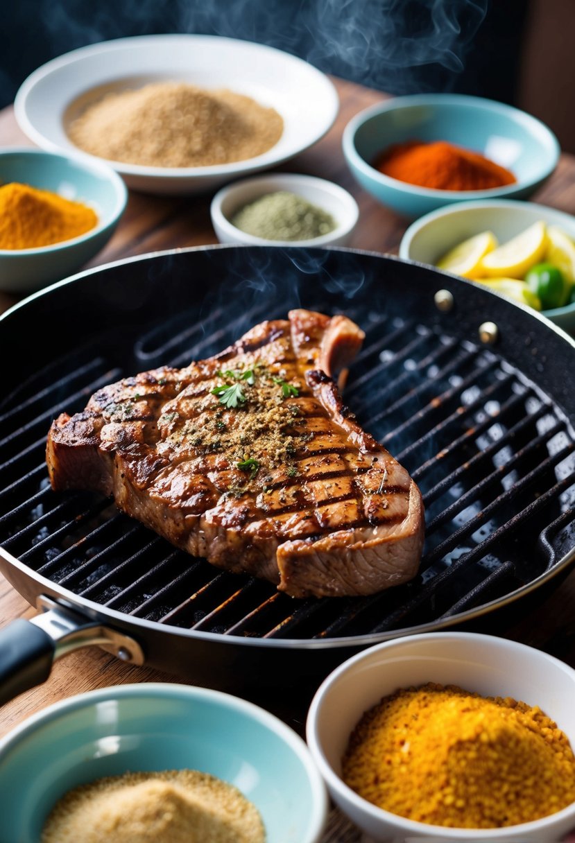 A sizzling grill with marinated steak, surrounded by bowls of cumin, spices, and fresh ingredients