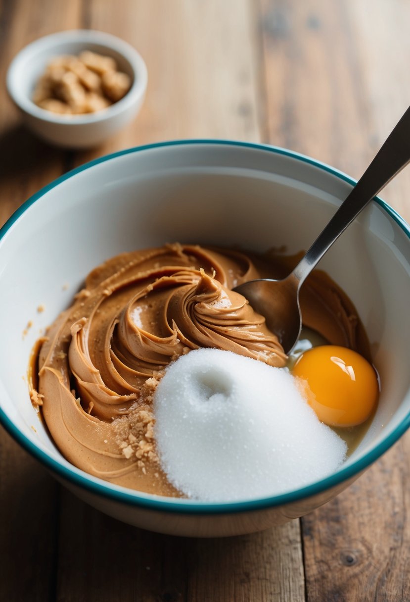 A mixing bowl with peanut butter, sugar, and egg. A spoon stirs the ingredients