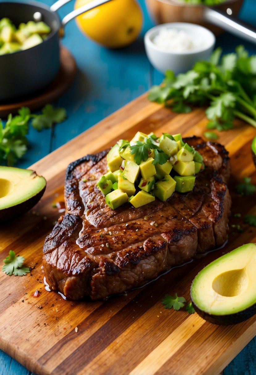 A sizzling carne asada steak topped with vibrant avocado salsa on a wooden cutting board, surrounded by fresh ingredients and cooking utensils