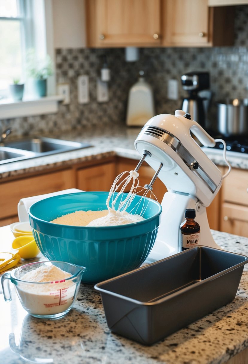 A mixing bowl with ingredients, a hand mixer, and a loaf pan on a kitchen counter. A measuring cup of flour and a bottle of vanilla extract are nearby