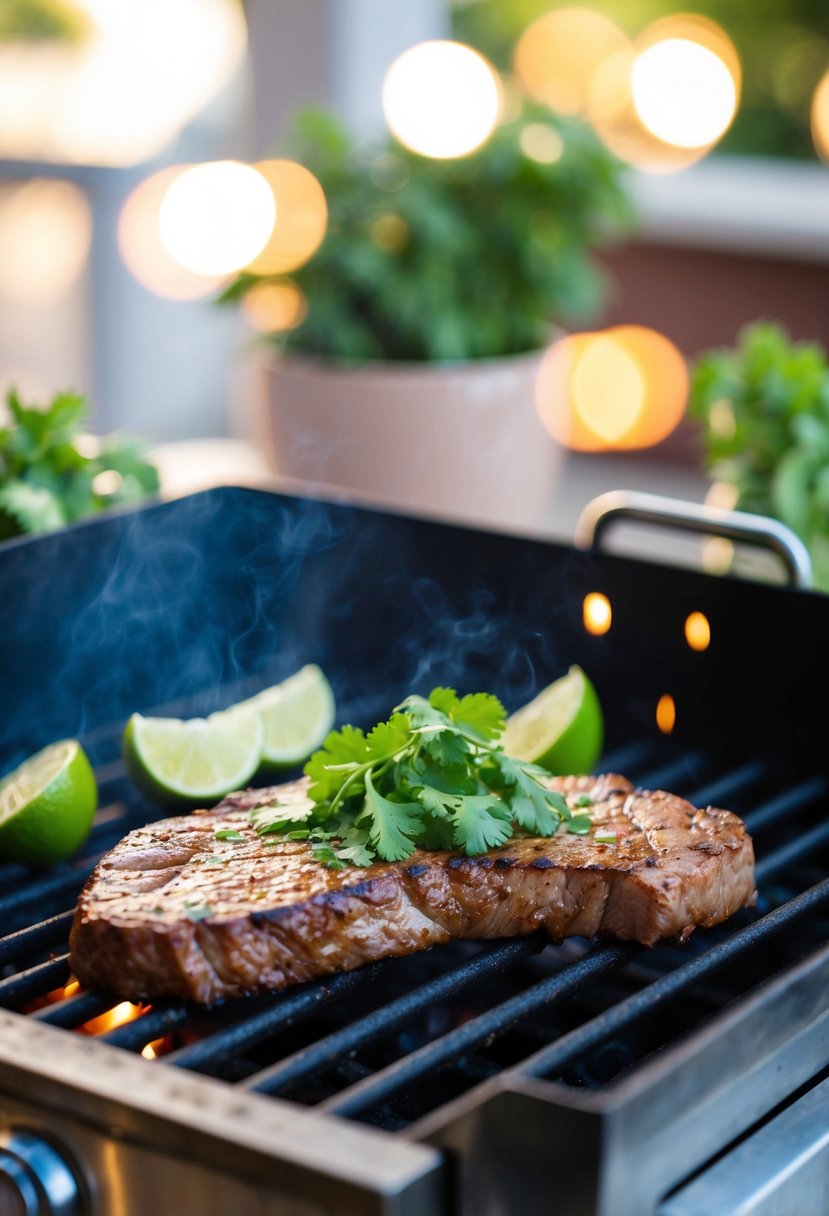 A sizzling grill with marinated steak, cilantro, and lime slices