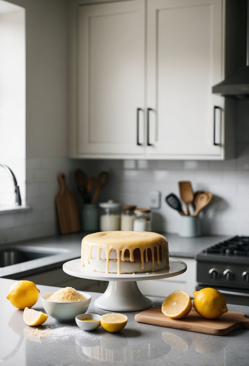 A kitchen counter with ingredients and utensils for baking a lemon drizzle cake