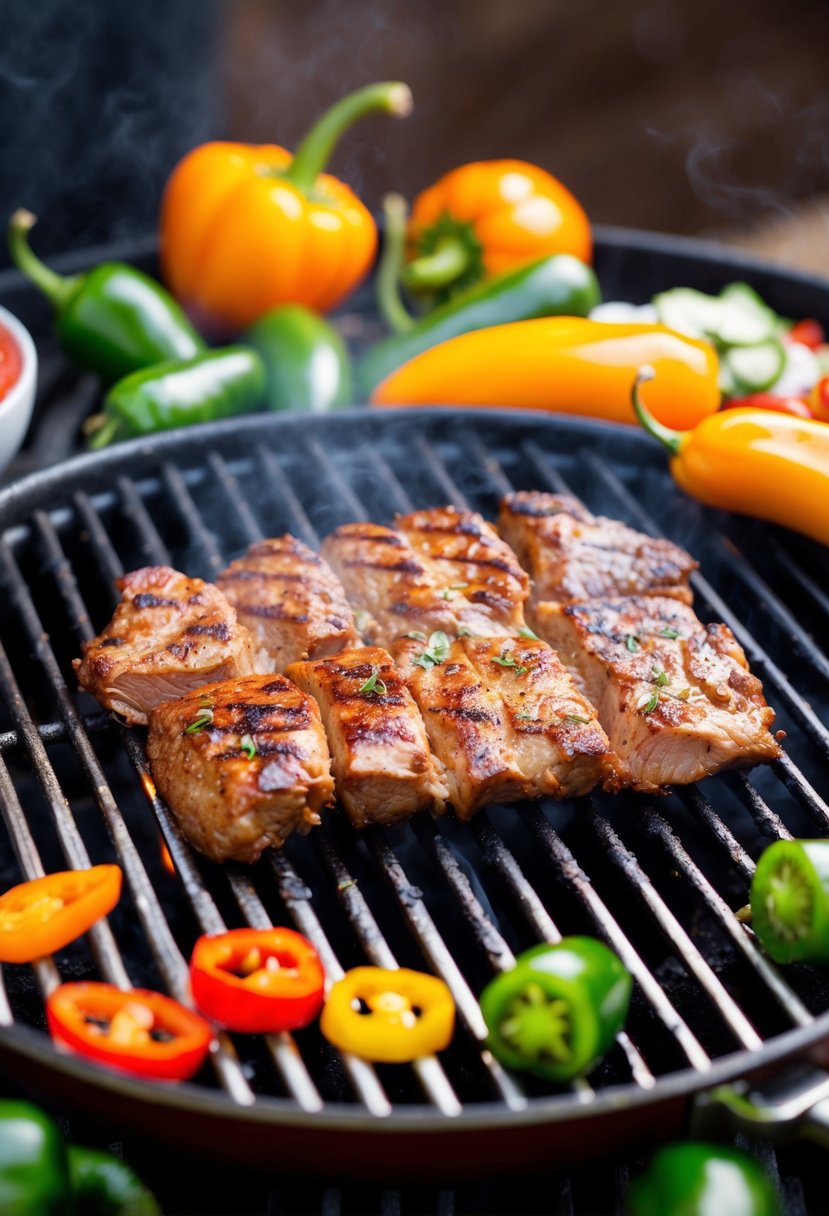 A sizzling grill with juicy carne asada, surrounded by vibrant jalapeños and various spices