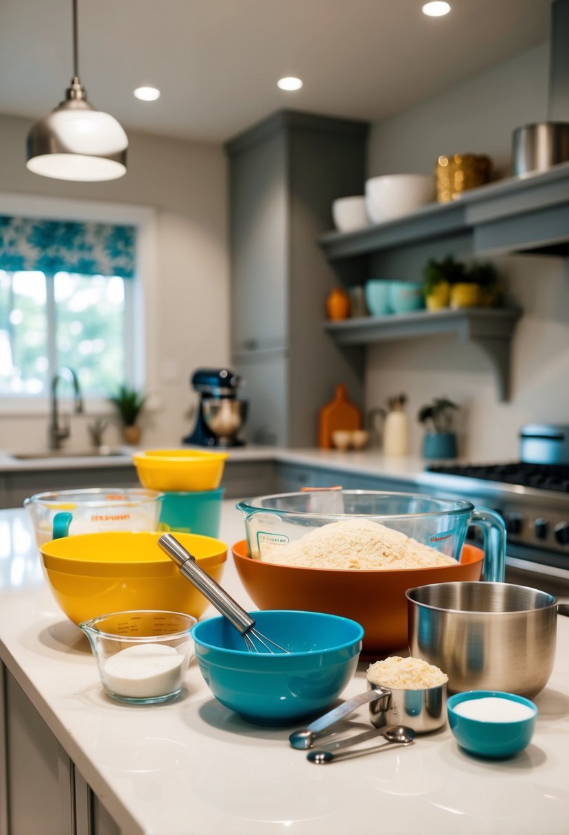 A kitchen counter with mixing bowls, measuring cups, and various ingredients for baking cookies and cakes