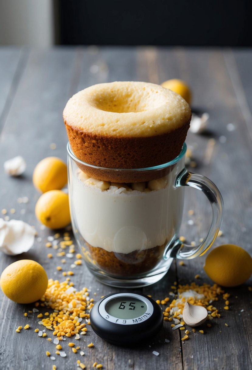 A microwave mug cake rises in a clear glass mug, surrounded by scattered ingredients and a timer set to 5 minutes