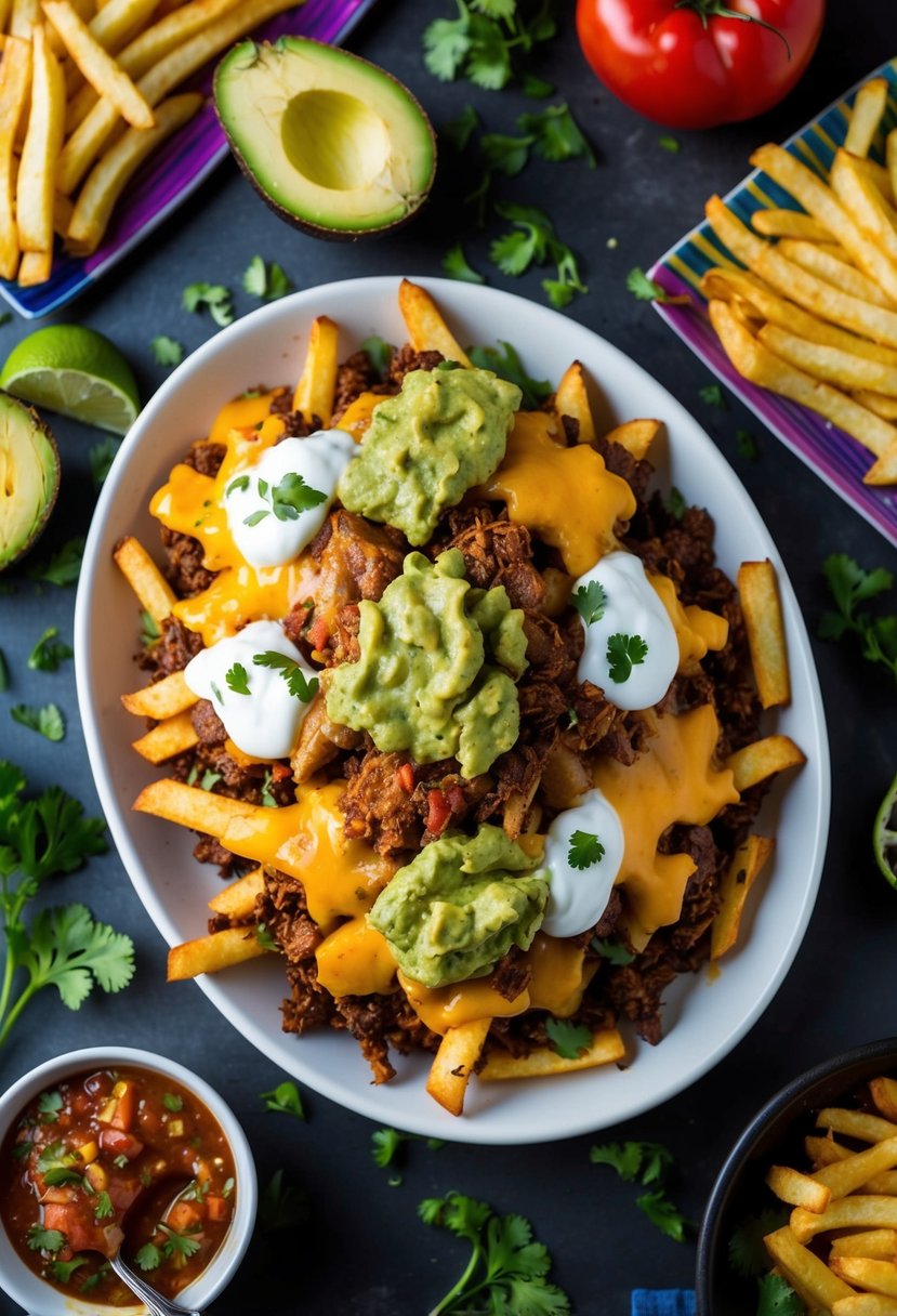 Sizzling carne asada fries topped with melted cheese, guacamole, and sour cream, surrounded by vibrant garnishes and a side of spicy salsa