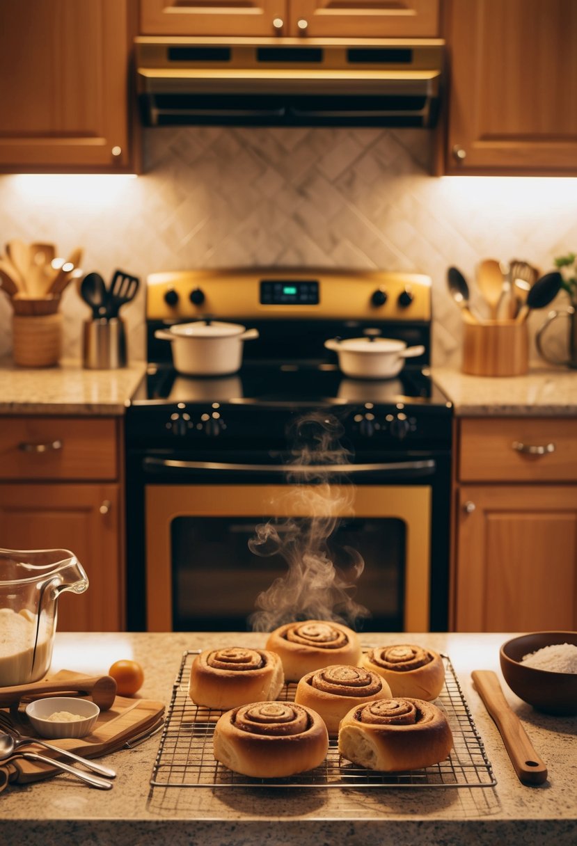 A warm kitchen with a golden oven emitting a delicious aroma of freshly baked cinnamon rolls. Ingredients and utensils are scattered on the counter