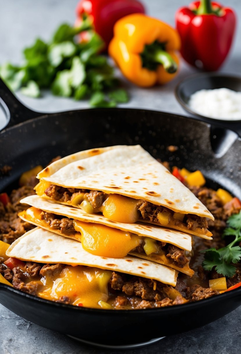 A sizzling skillet of carne asada quesadillas with vibrant peppers and gooey cheese bubbling inside the tortillas. A sprinkle of cilantro adds a pop of color