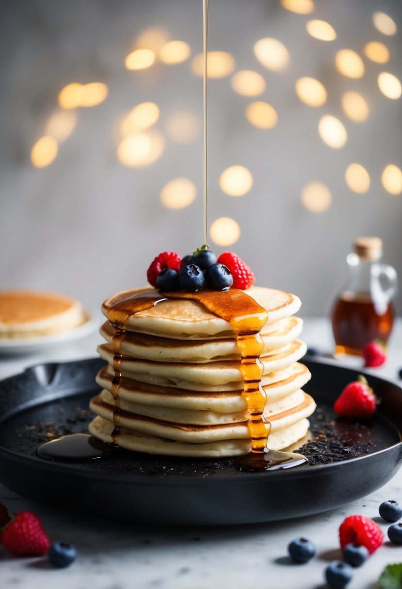 A stack of fluffy buttermilk pancakes sizzling on a hot griddle, surrounded by a scattering of fresh berries and a drizzle of maple syrup