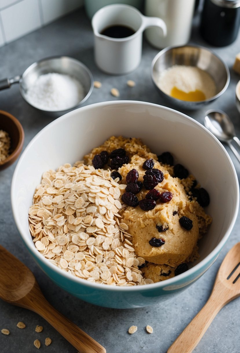 A mixing bowl filled with oats, raisins, and cookie dough, surrounded by baking ingredients and utensils on a kitchen counter