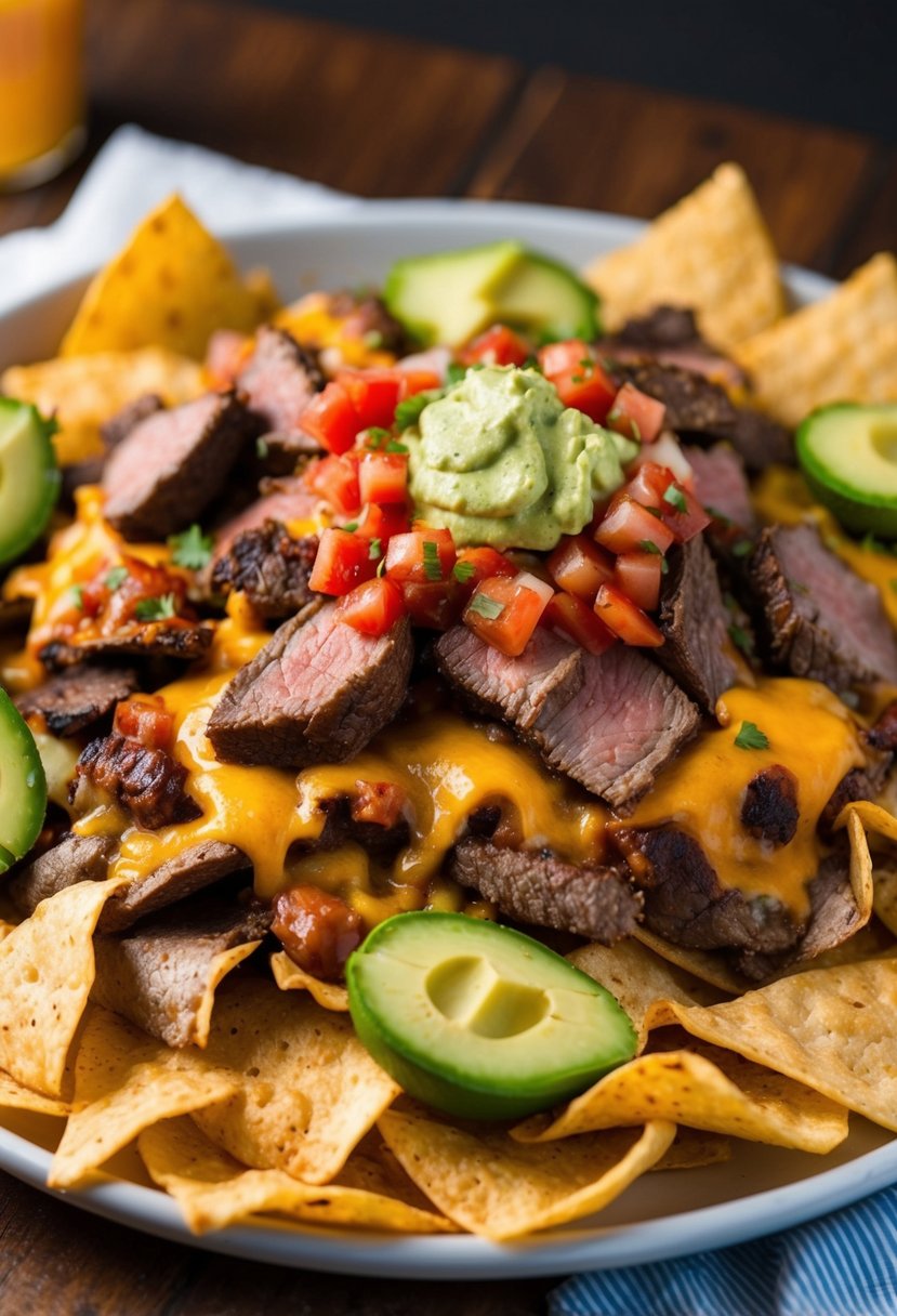 A platter of loaded Carne Asada Nachos with a generous amount of tender, marinated steak, melted cheese, fresh salsa, and creamy guacamole on a bed of crispy tortilla chips