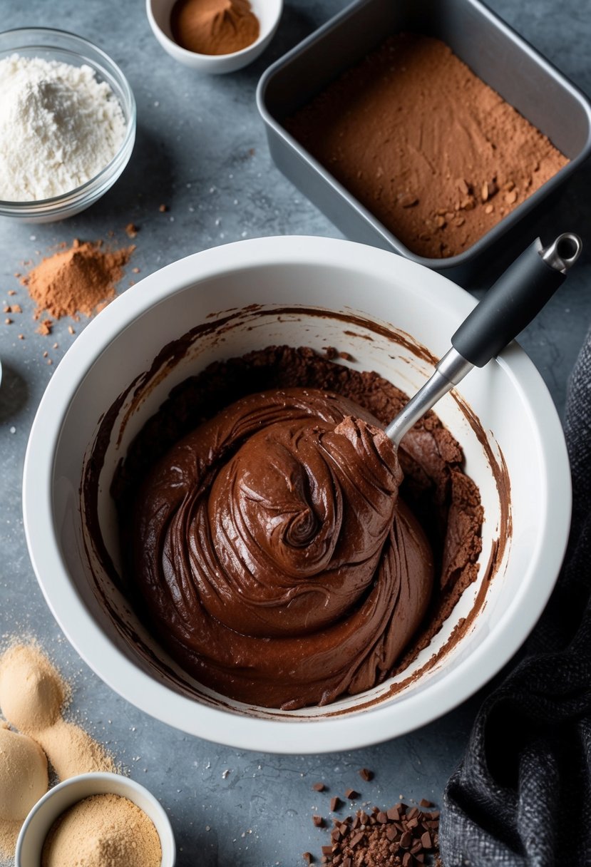 A mixing bowl filled with chocolate batter, surrounded by scattered ingredients like flour, sugar, and cocoa powder. A baking pan sits nearby, ready to be filled with the gooey brownie mixture