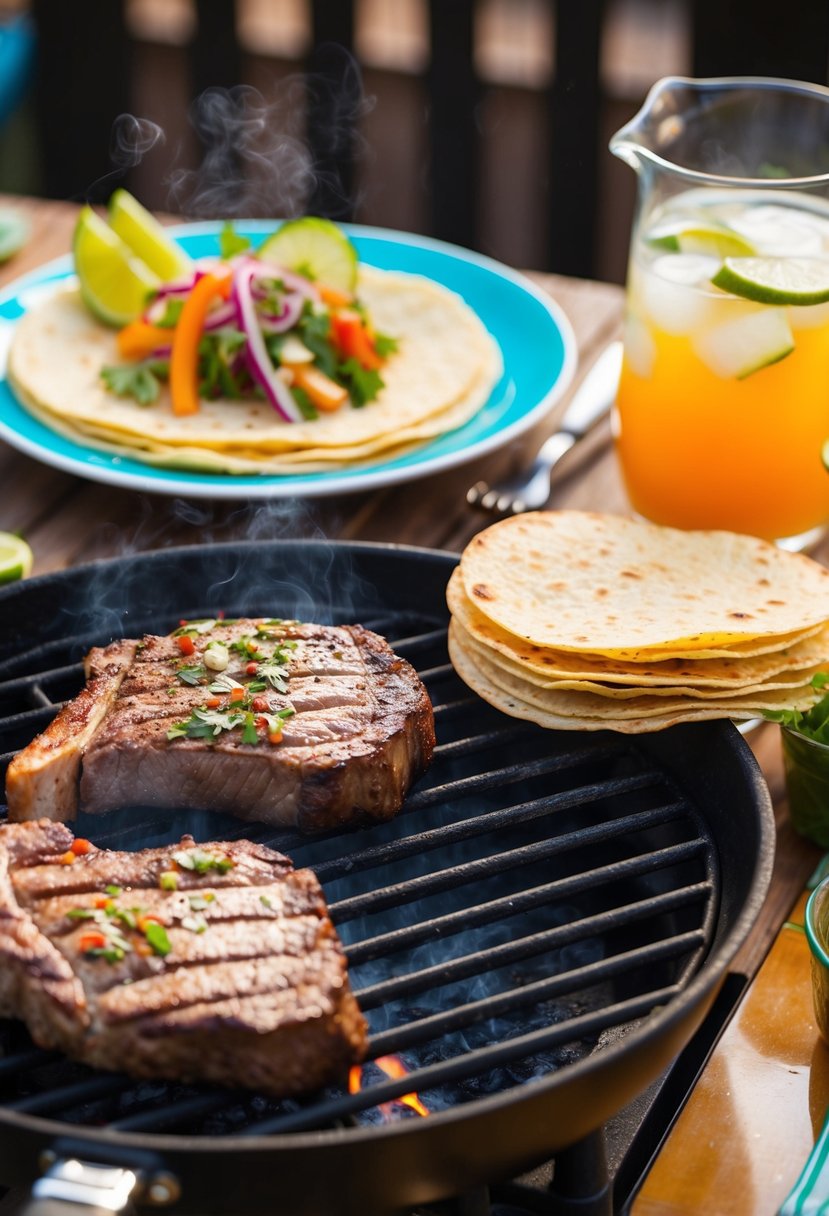 A sizzling grill cooks marinated steak beside a stack of warm, fresh tortillas. A table is set with vibrant garnishes and a pitcher of cold drinks